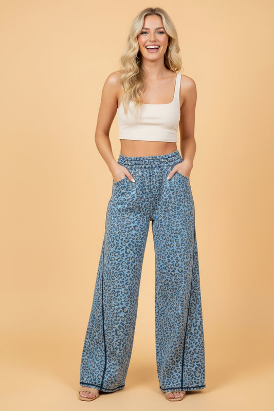 Leopard Exposed Seam Wide Leg Drawstring Jeans