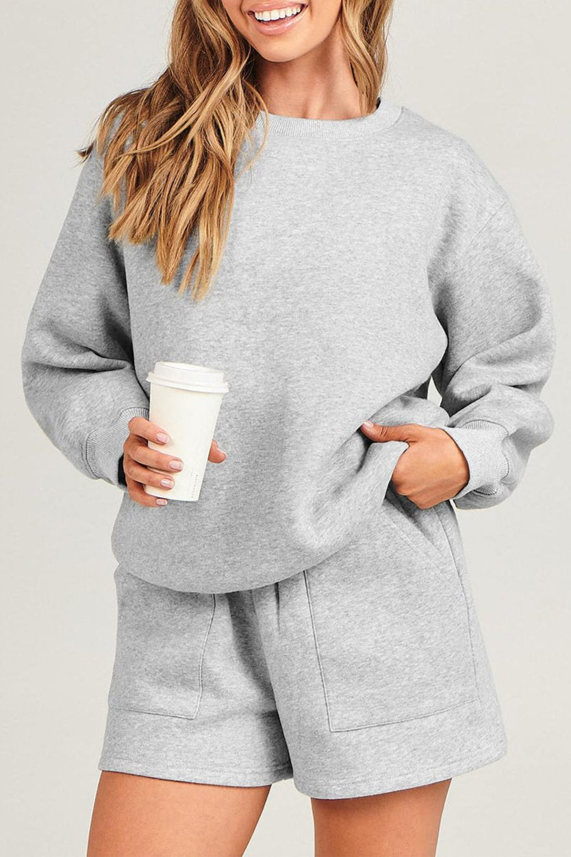 Solid Sweatshirt and Pocketed Shorts Set