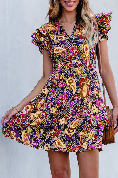 Paisley Flutter Sleeve Tiered Dress