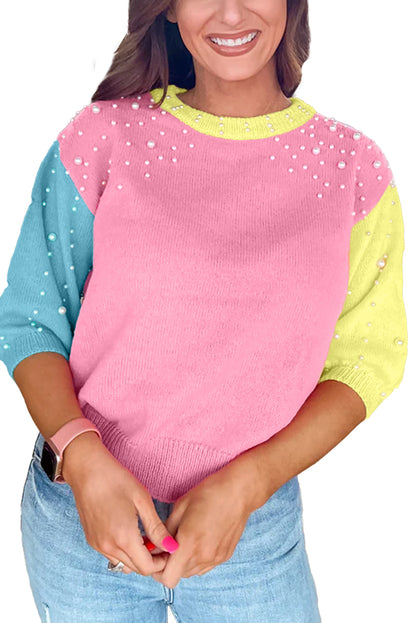 Colorblock Pearl 3/4 Sleeve Sweater