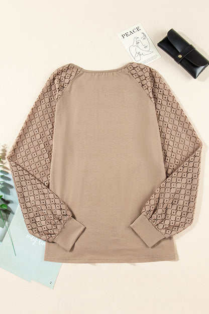 Lace Patchwork Raglan Sleeve Pleated Top