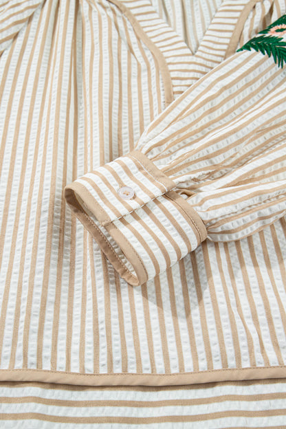Floral Embroidered Stripe V-Neck Long Sleeve Blouse