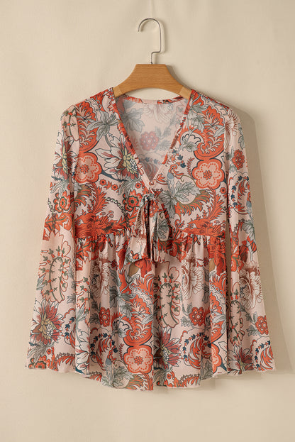 Floral Bell Sleeve V-Neck Blouse