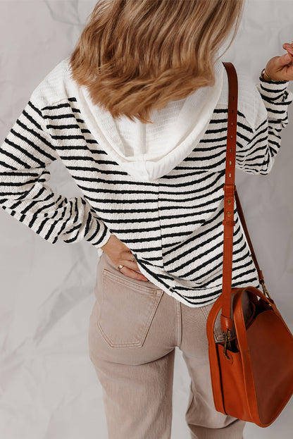 Stripe Textured Long Sleeve Hooded V-Neck Top