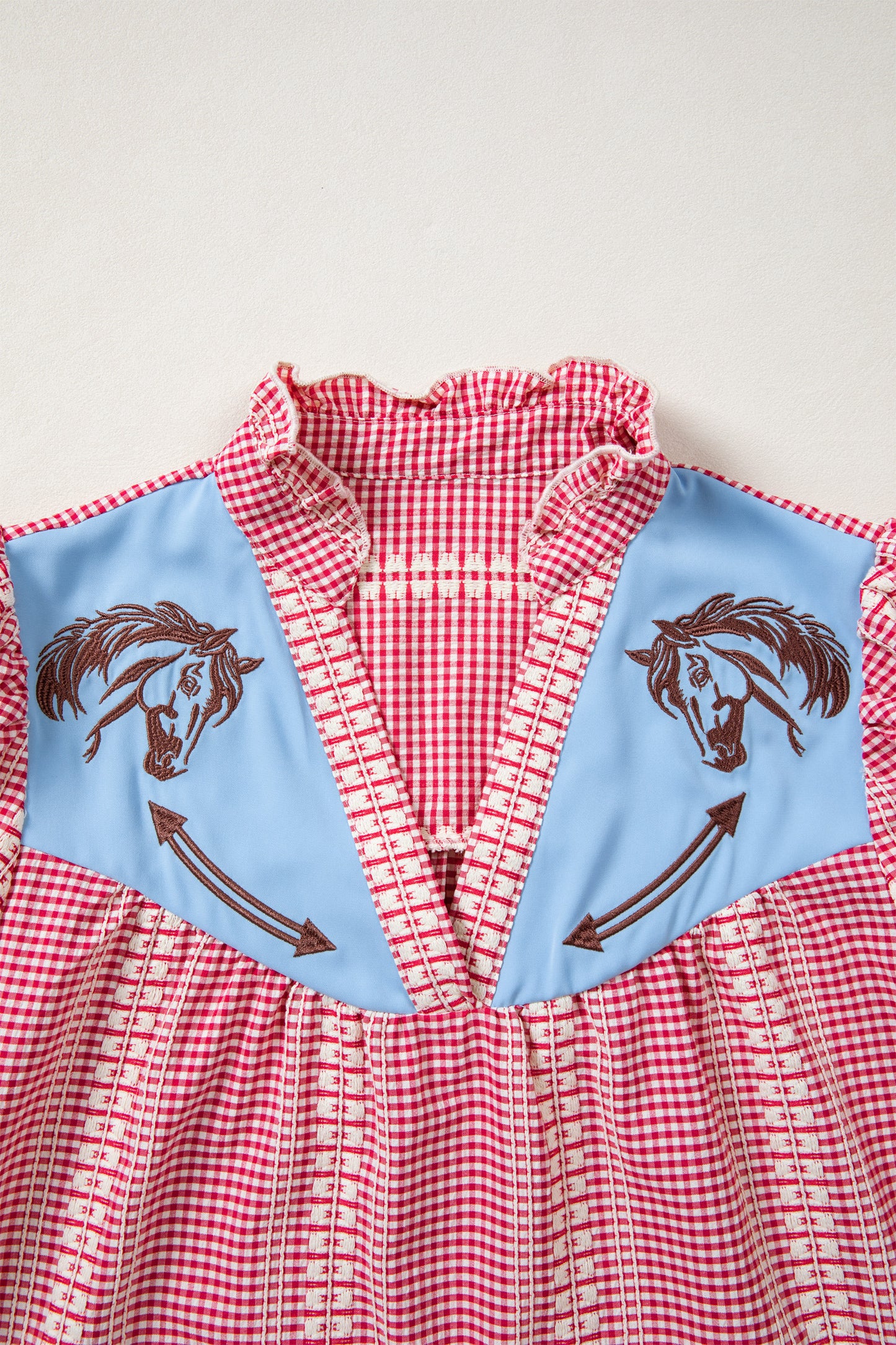 Western Pony Embroidered Gingham Puff Sleeve Blouse