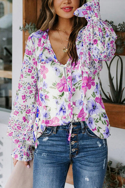 Boho Floral Smocked Puff Sleeve Blouse