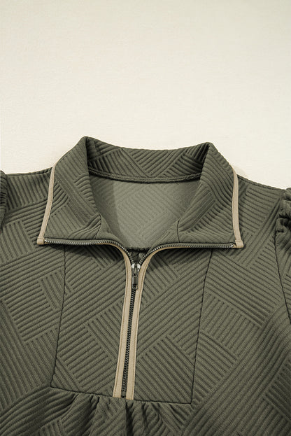 Textured Quarter Zip Collar 3/4 Sleeve Mini Dress