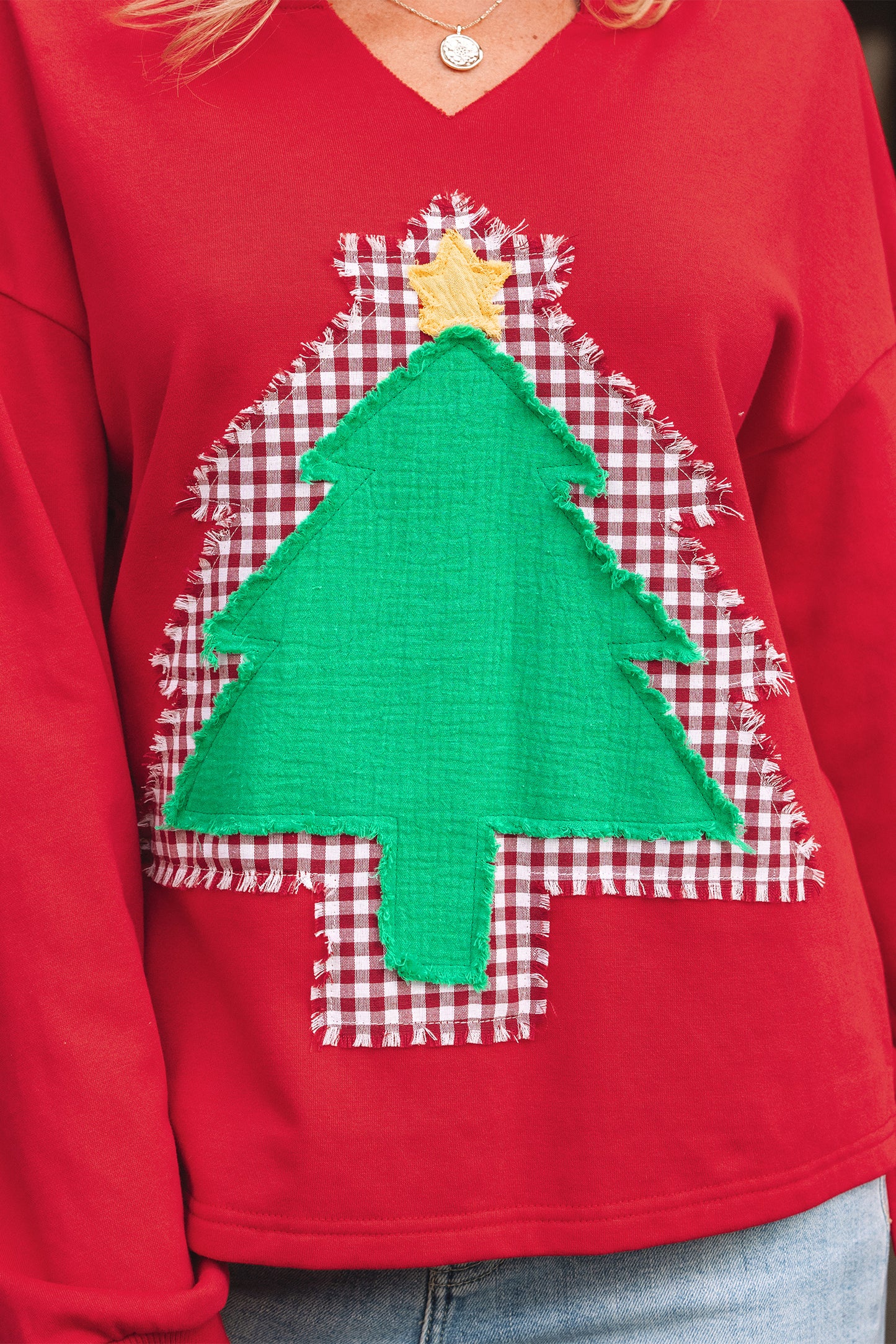 Christmas Tree Plaid Patchwork Drop Shoulder Sweatshirt