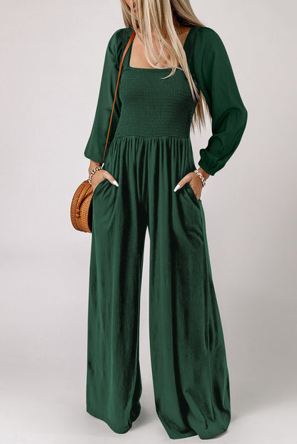 Smocked Long Sleeve Pocketed Jumpsuit