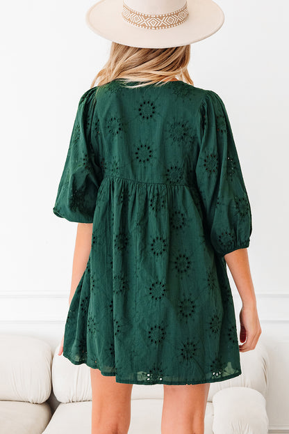 Solid Embroidered Eyelet 3/4 Sleeve Mini Dress