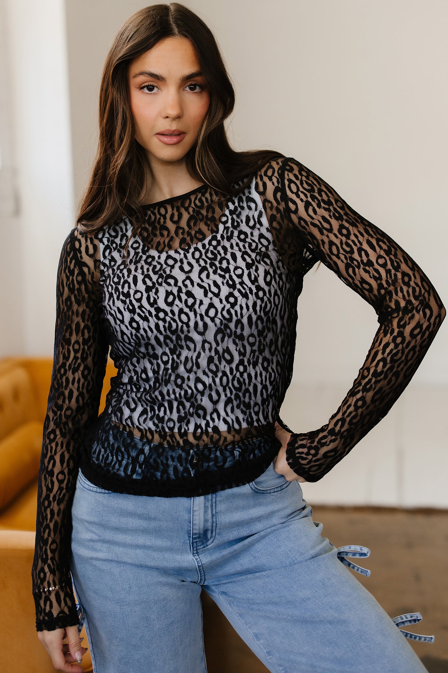 Leopard Sheer Mesh Long Sleeve Top