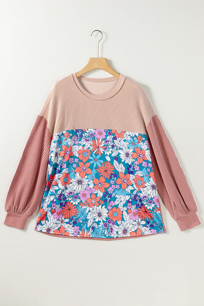 Floral Colorblock Ribbed Top