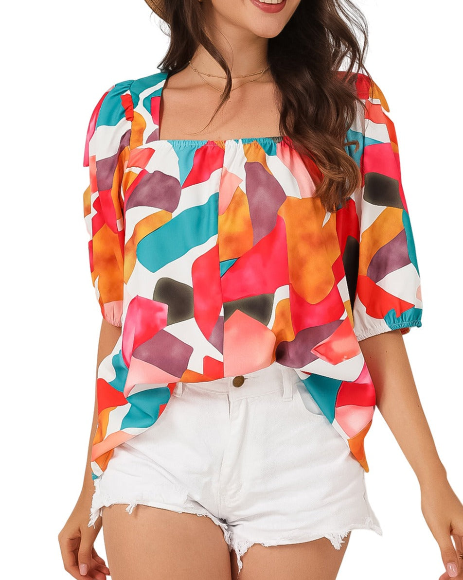 Abstract Square Neck 3/4 Sleeve Blouse