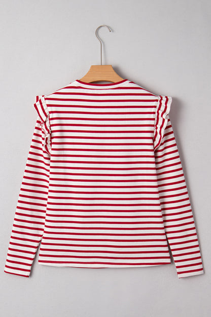 Stripe Round Neck Ruffle Trim Long Sleeve Top