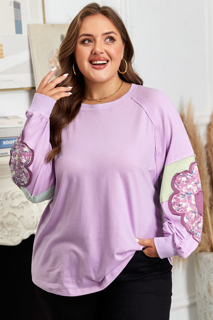 Plus Size Floral Patch Colorblock Long Sleeve Top