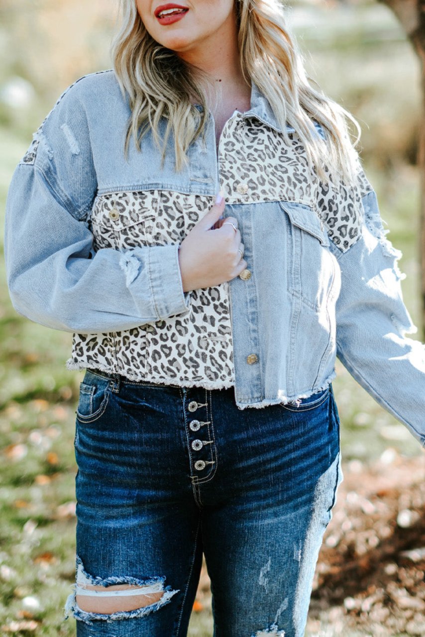 Plus Size Leopard Denim Cropped Jacket