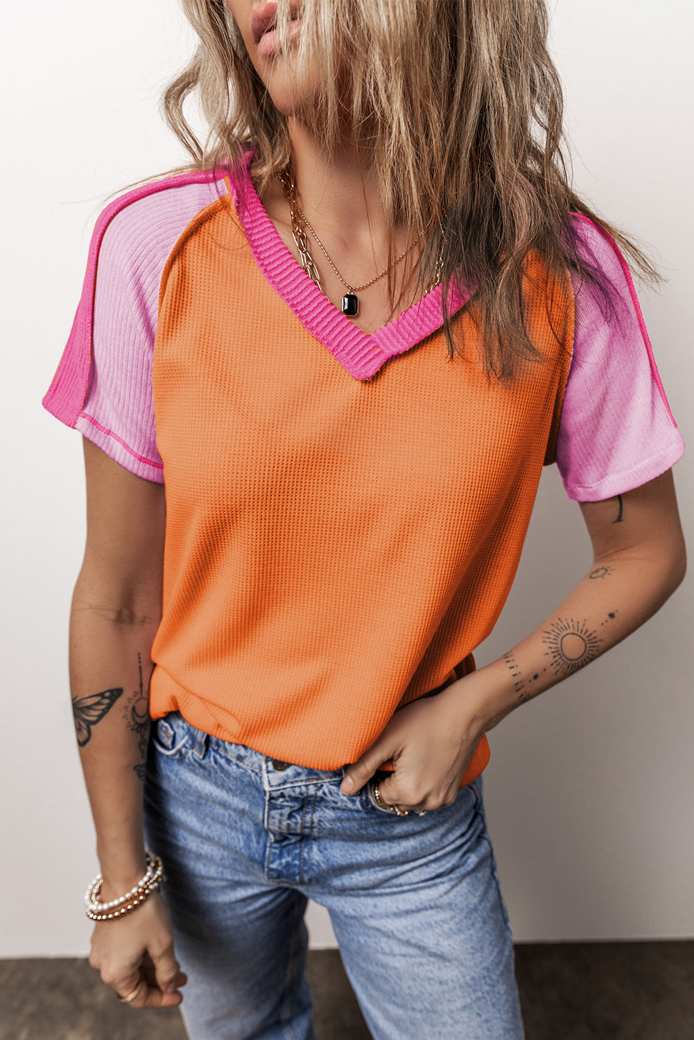 Colorblock Waffle Ribbed V-Neck T-Shirt