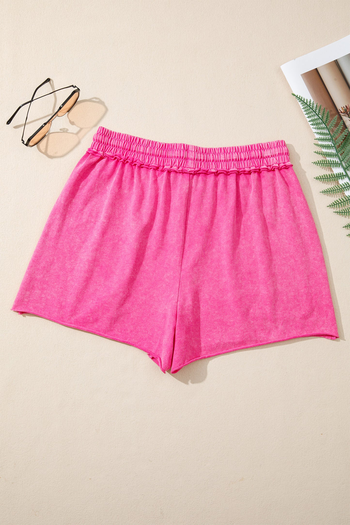 Mineral Wash Drawstring Elastic Waist Raw Edge Shorts