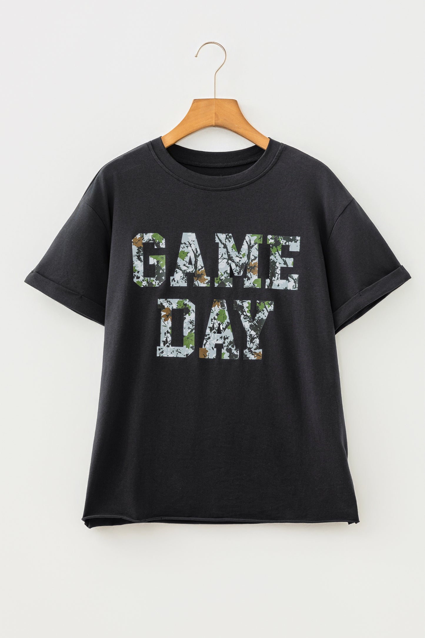 Camo Game Day Letter Graphic Round Neck T-Shirt