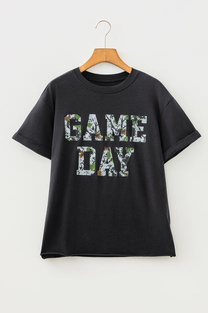 Camo Game Day Letter Graphic Round Neck T-Shirt