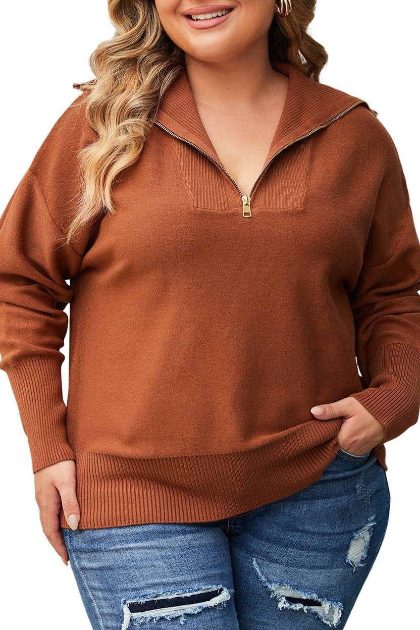 Plus Size Ribbed Trim Zip Collar Sweater