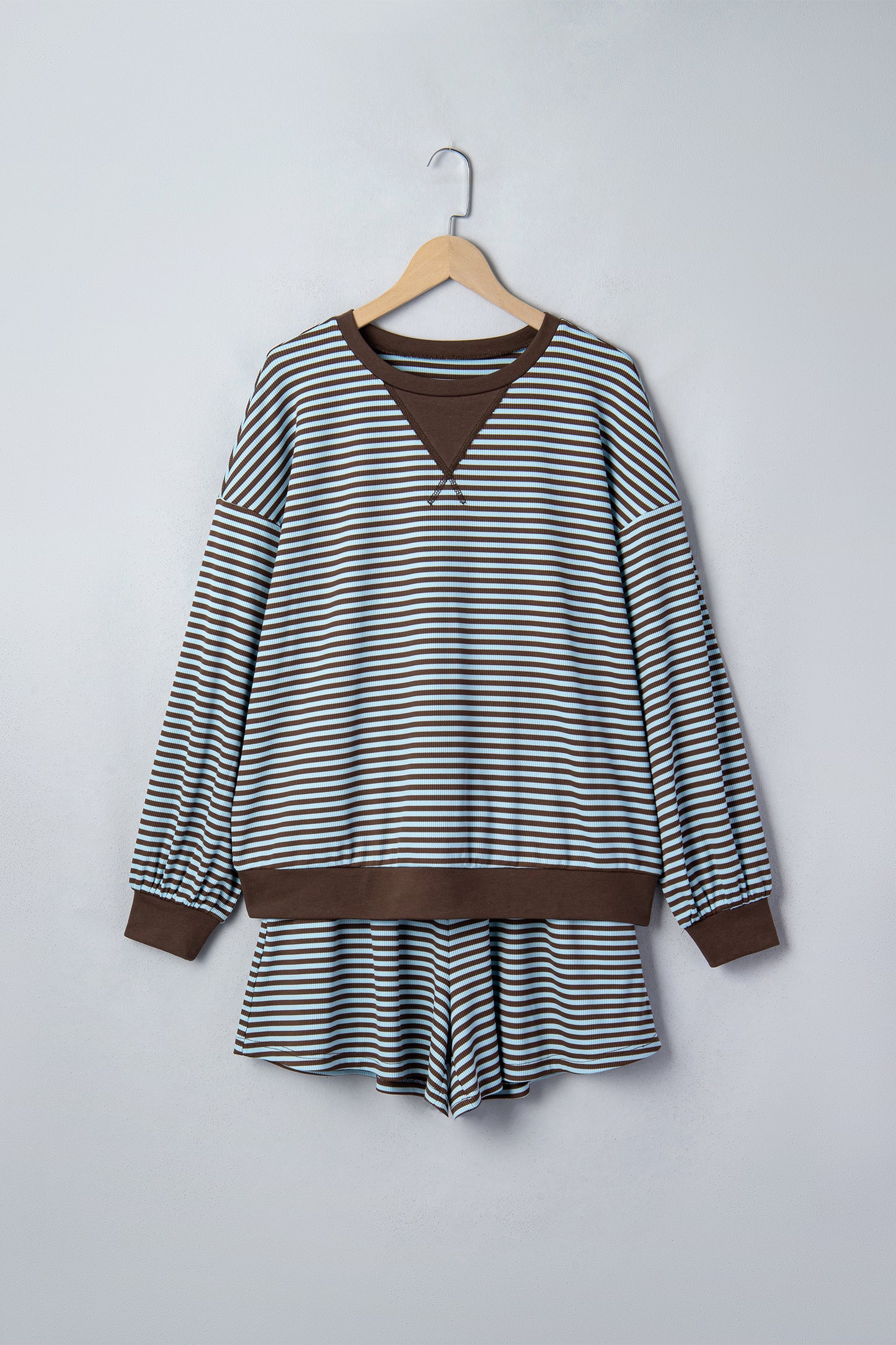 Stripe Oversized Long Sleeve Top & Drawstring Shorts Set