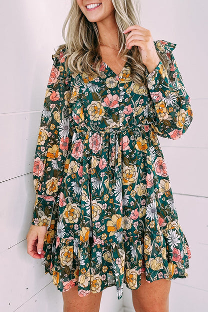 Floral Ruffle Buttoned Bodice Dress