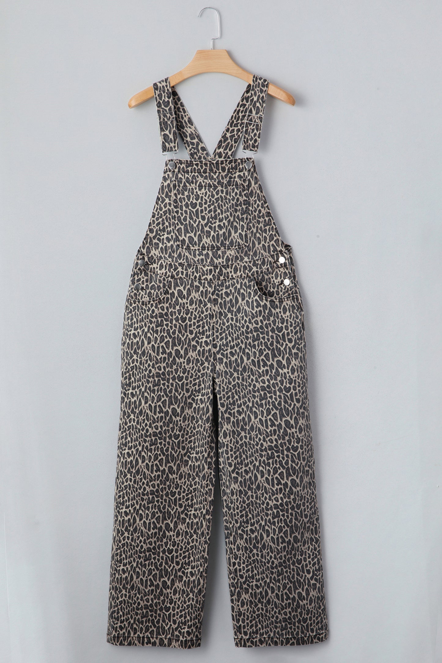 Leopard Denim Straight Leg Overall Jumpsuit