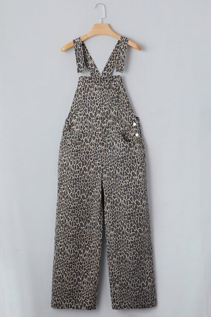 Leopard Denim Straight Leg Overall Jumpsuit
