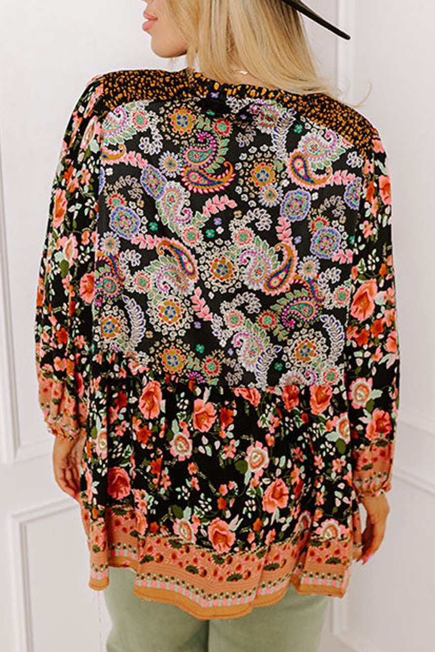 Plus Size Floral V-Neck Bubble Sleeve Blouse