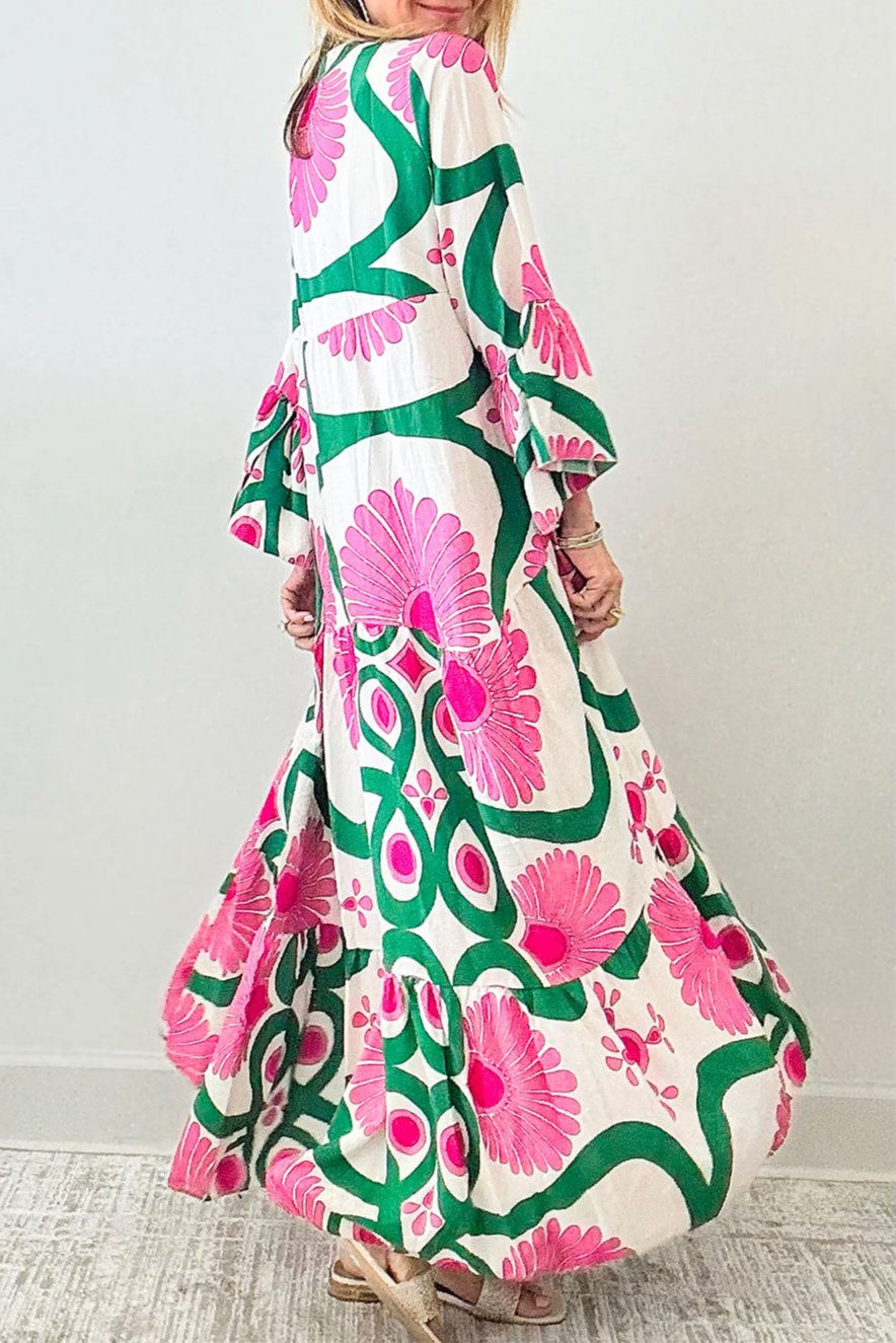 Floral Buttoned Long Sleeve Maxi Dress