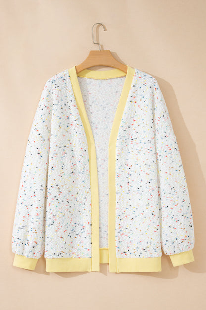 Colorblock Ribbed Trim Confetti Knit Open Cardigan