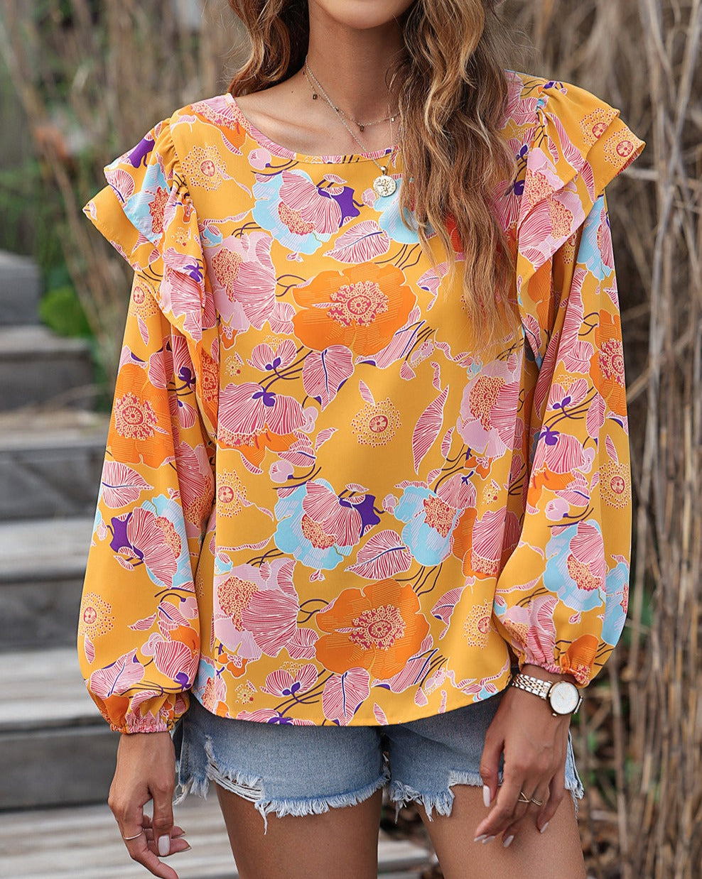 Floral Ruffle Puff Sleeve Blouse