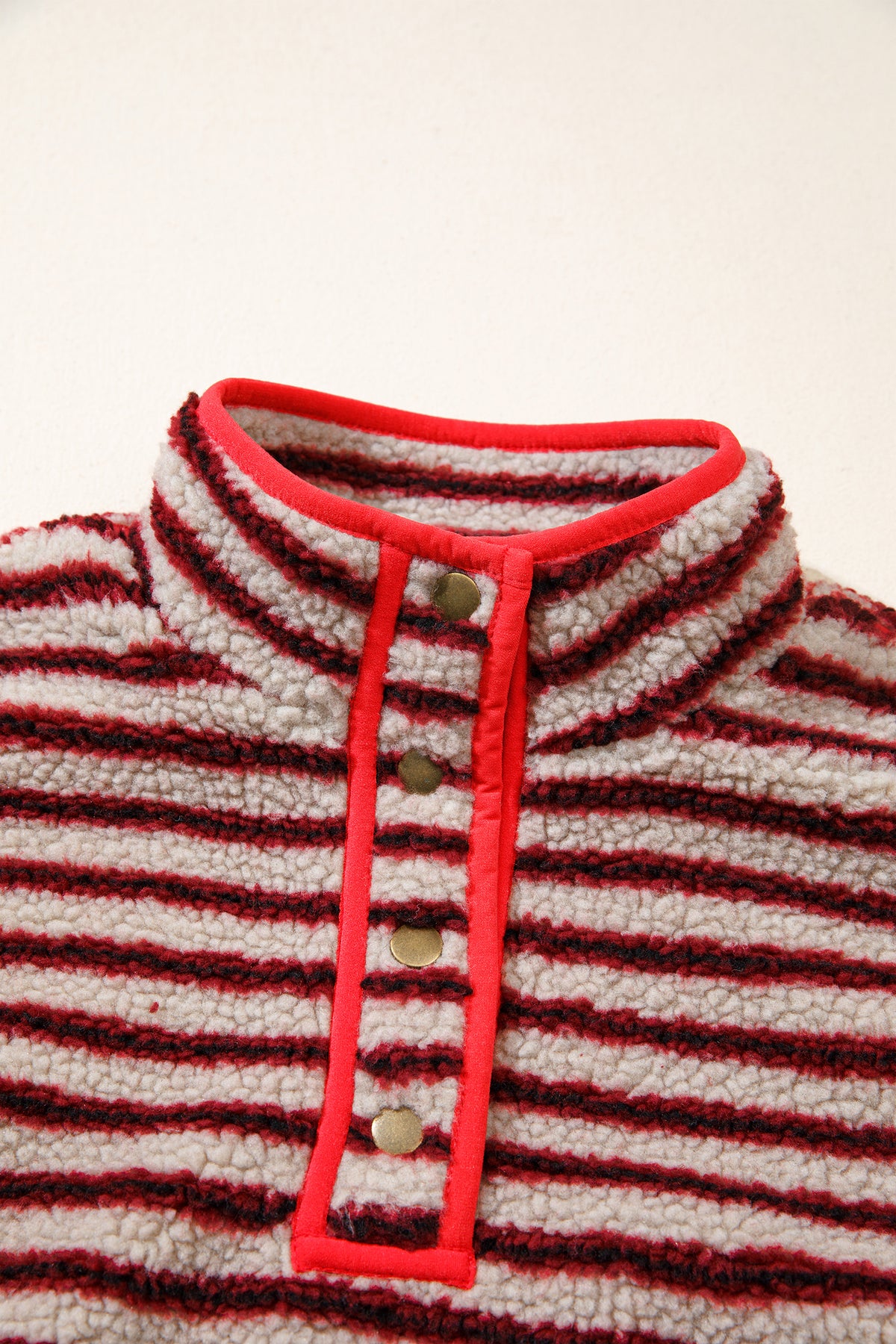 Stripe Fleece Contrast Trim Buttoned Sweatshirt