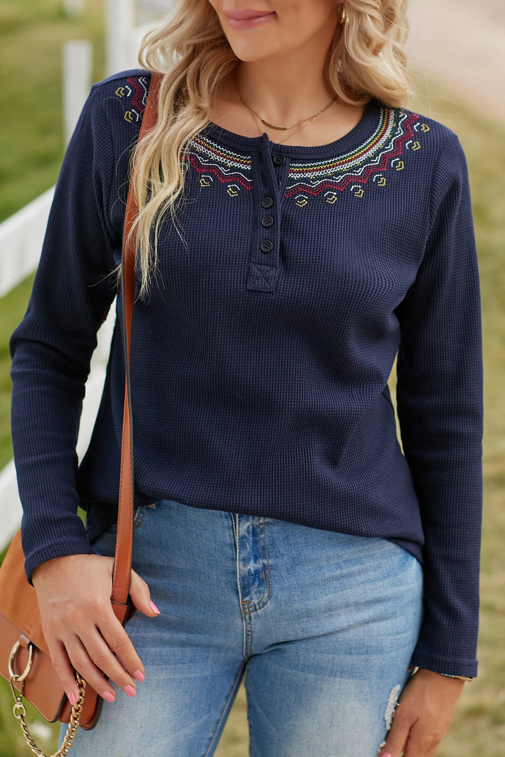 Embroidered Waffle Knit Henley Top