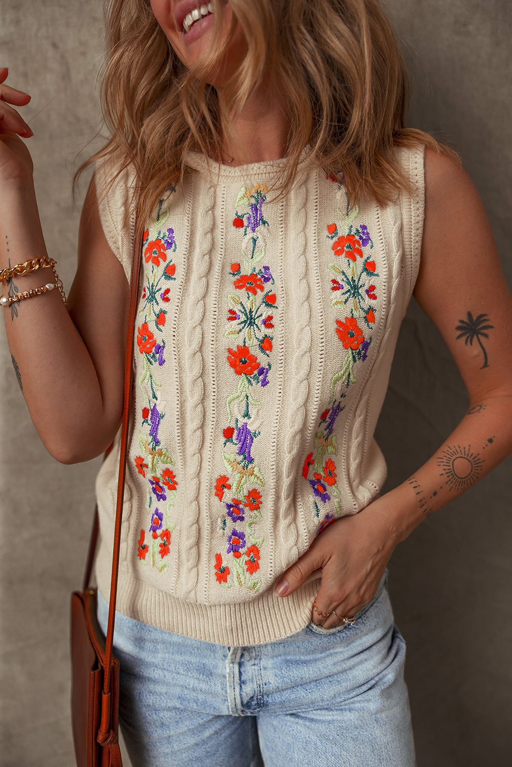 Floral Embroidered Sleeveless Sweater Top