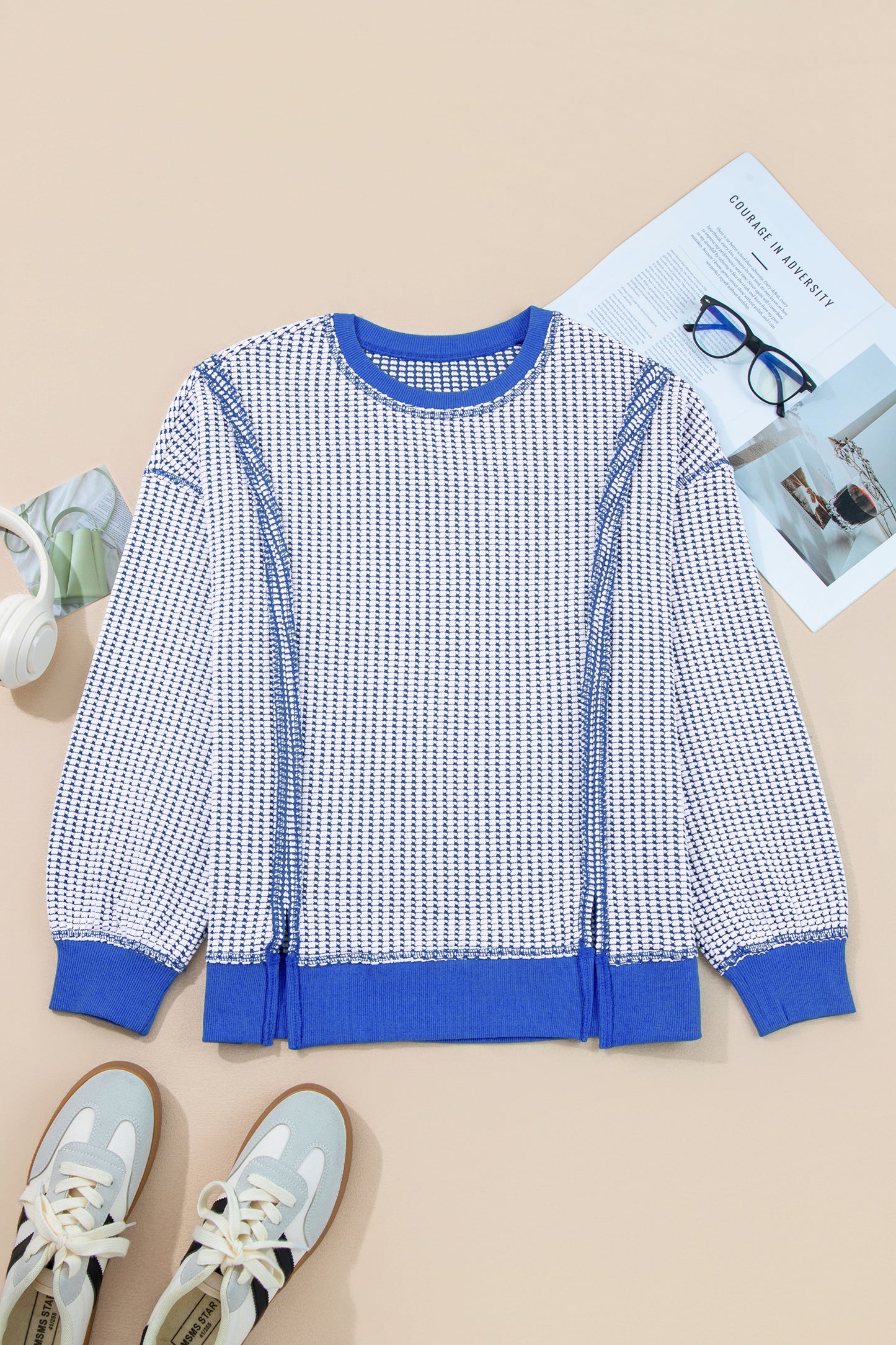 Waffle Knit Exposed Seam Side Slit Long Sleeve Top