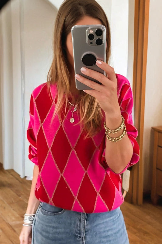 Glitter Rhombus Geometric Knit Crewneck Sweater