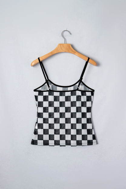 Checker Sheer Mesh Spaghetti Strap Tank Top