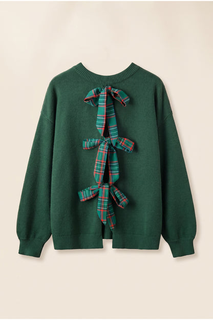 Christmas Plaid Bow Embroidered Tie Back Sweater