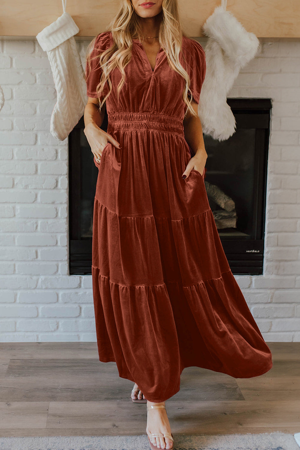 Velvet Shirred Waist Maxi Dress