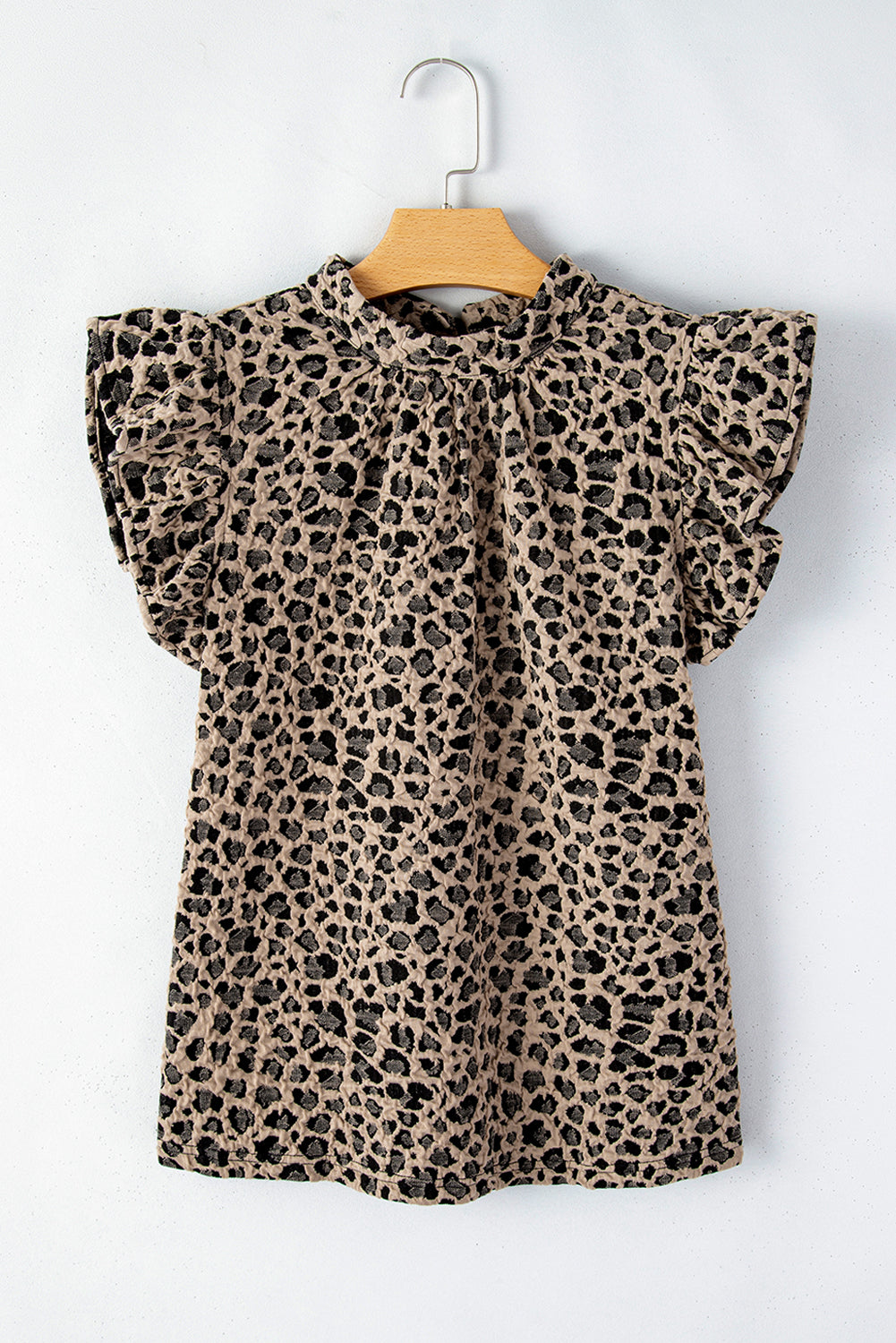 Leopard Ruffle Sleeve Back Button Top