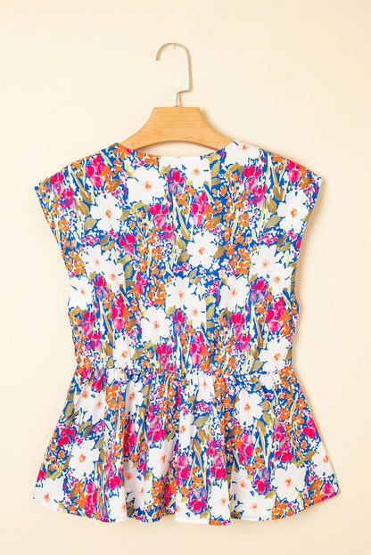 Floral Bow Tie Sleeveless Peplum Blouse