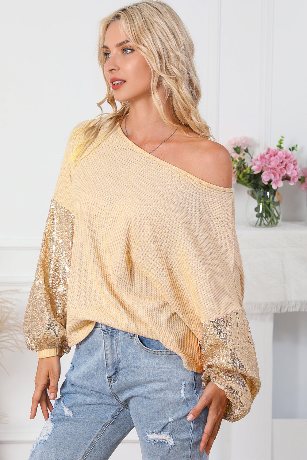 Sequin Patchwork Sleeve Open Back Top