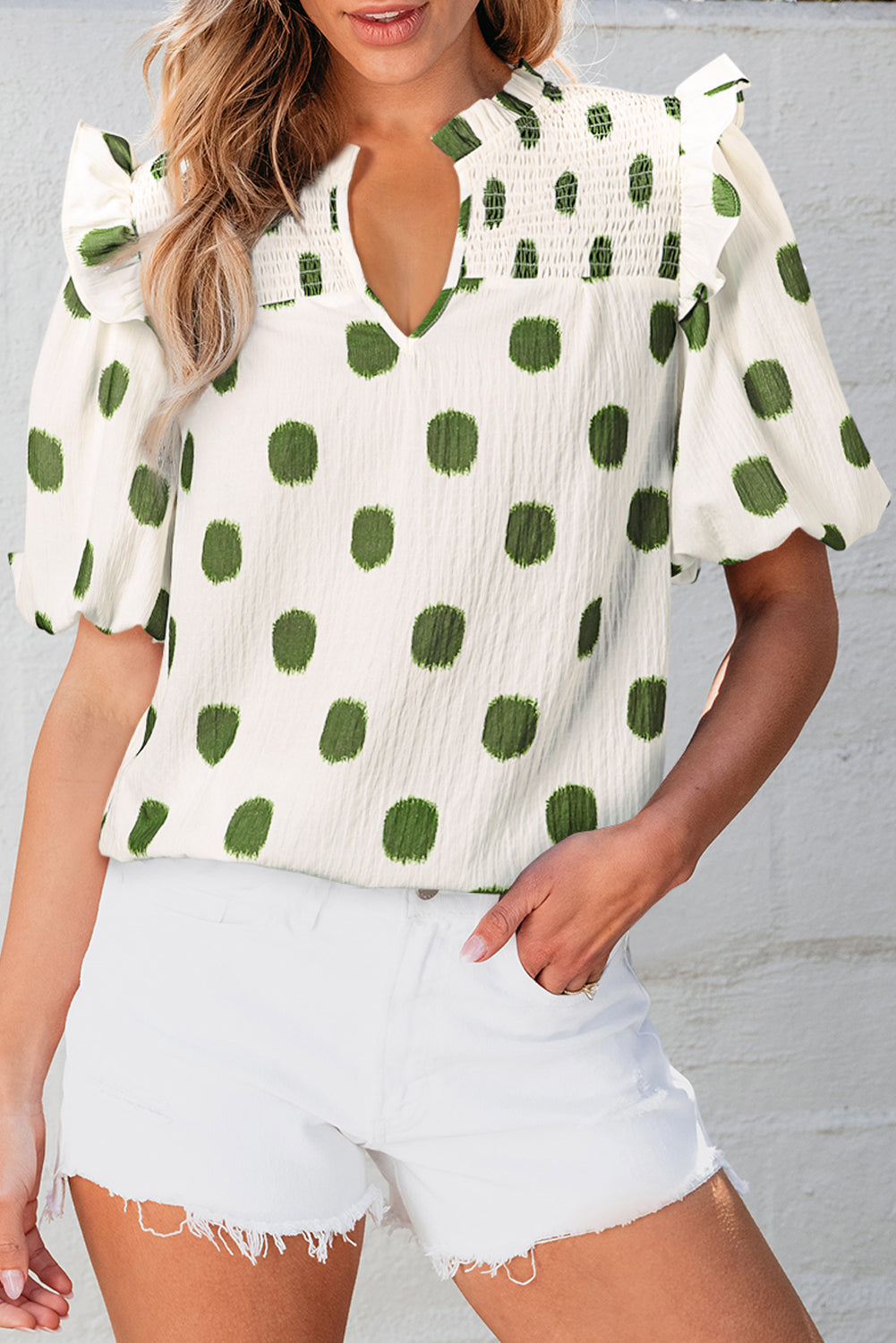 Polka Dot Balloon Sleeve Blouse