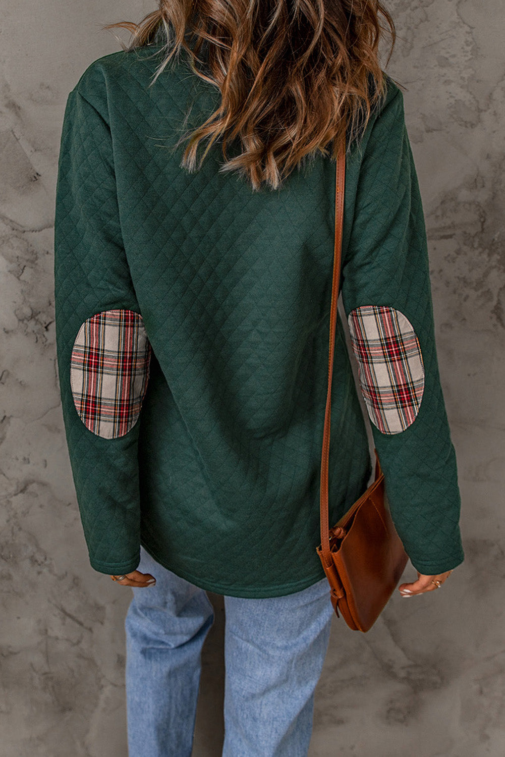 Plaid Elbow Patch Textured Sweatshirt