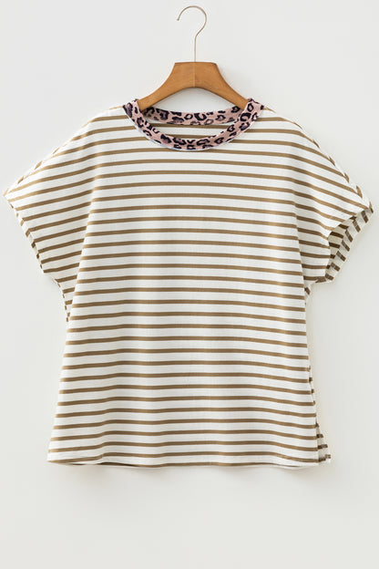 Stripe Leopard Patchwork Round Neck T-Shirt