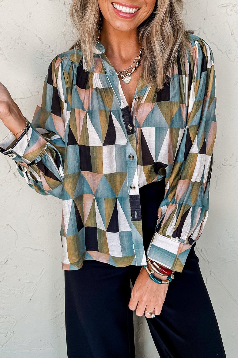 Geometric Buttoned Balloon Sleeve Shirt