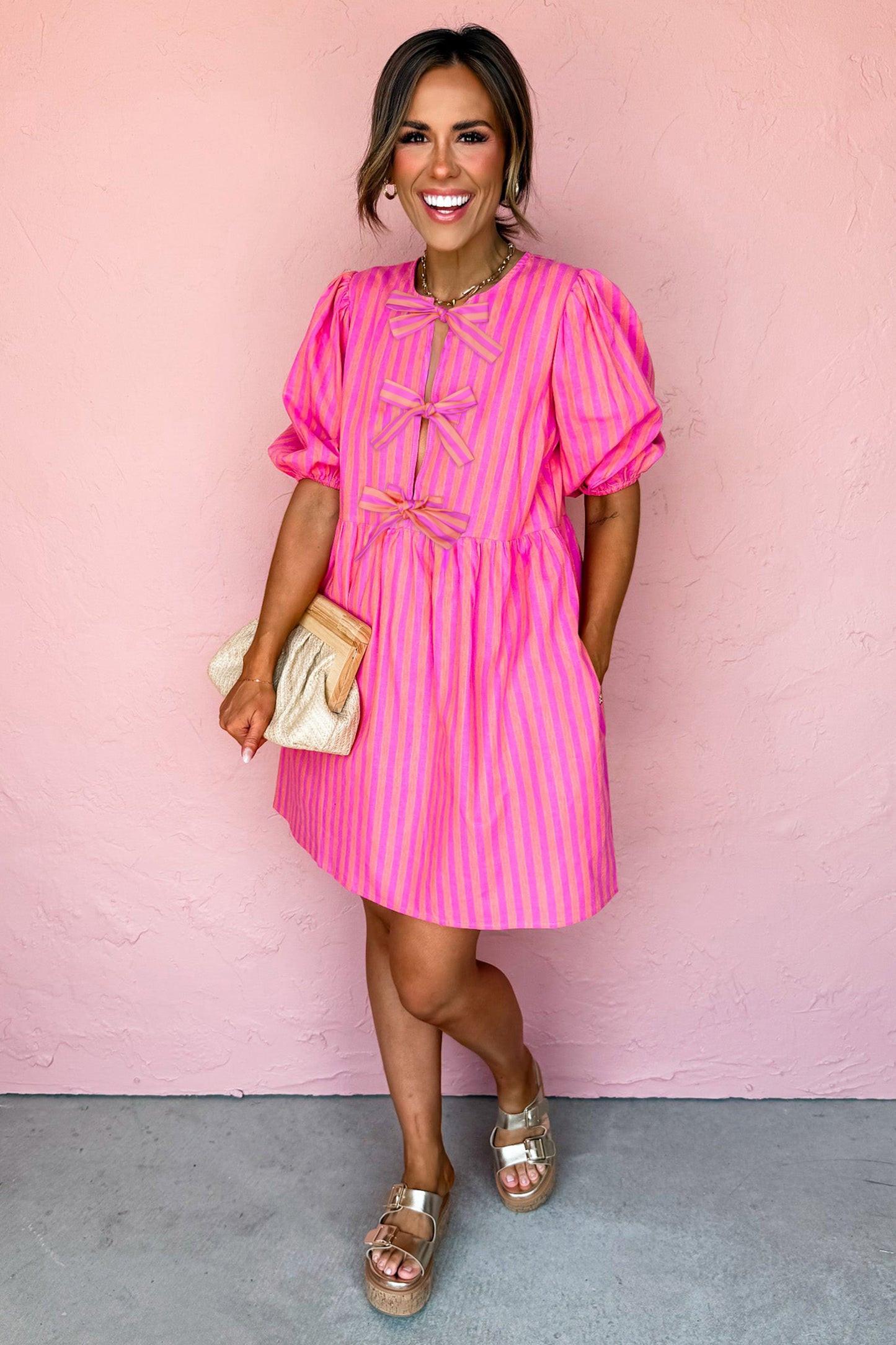 Stripe Bow Tie Front Short Puff Sleeve Dress