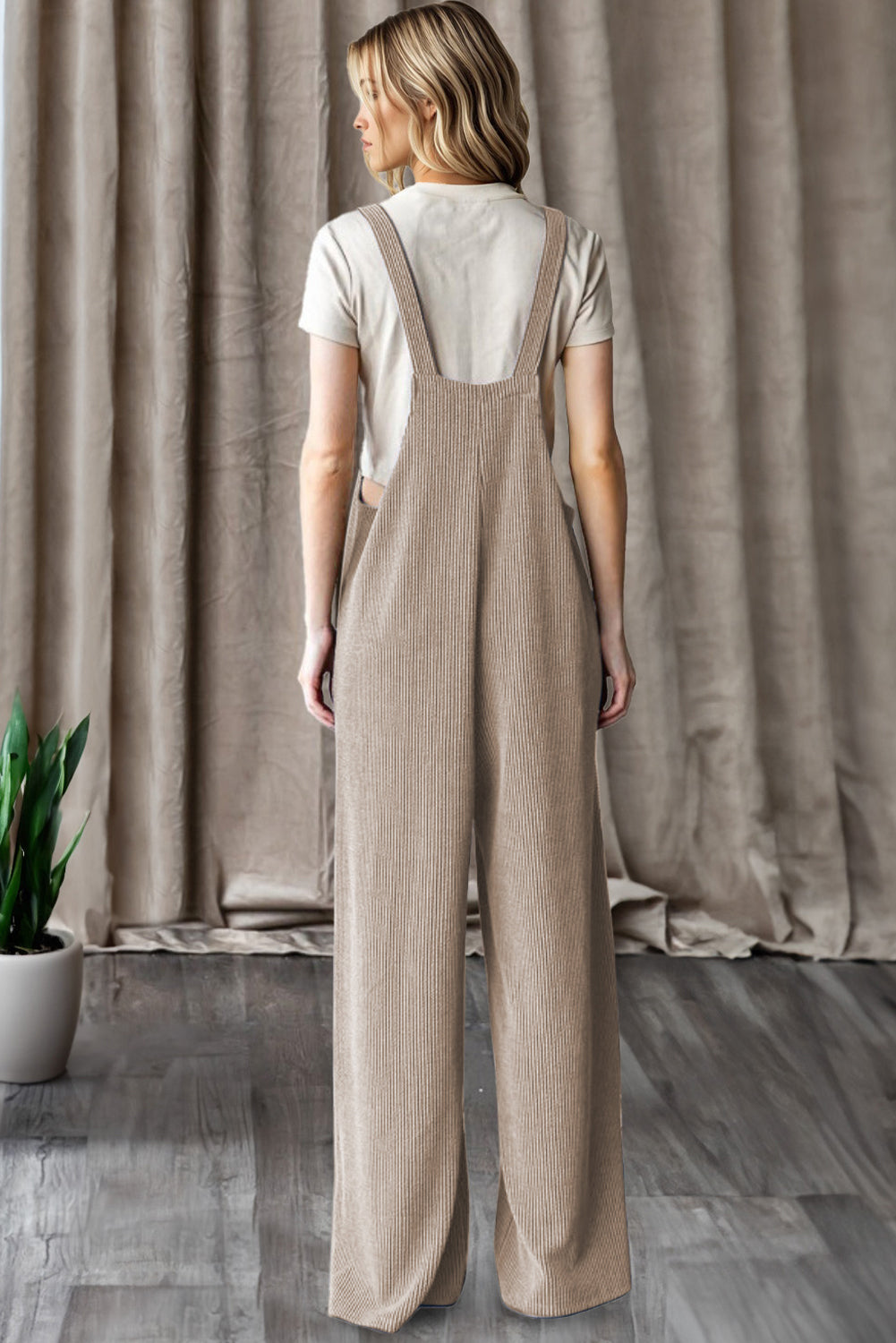 Ribbed Knit Patch Pocket Wide Leg Overalls